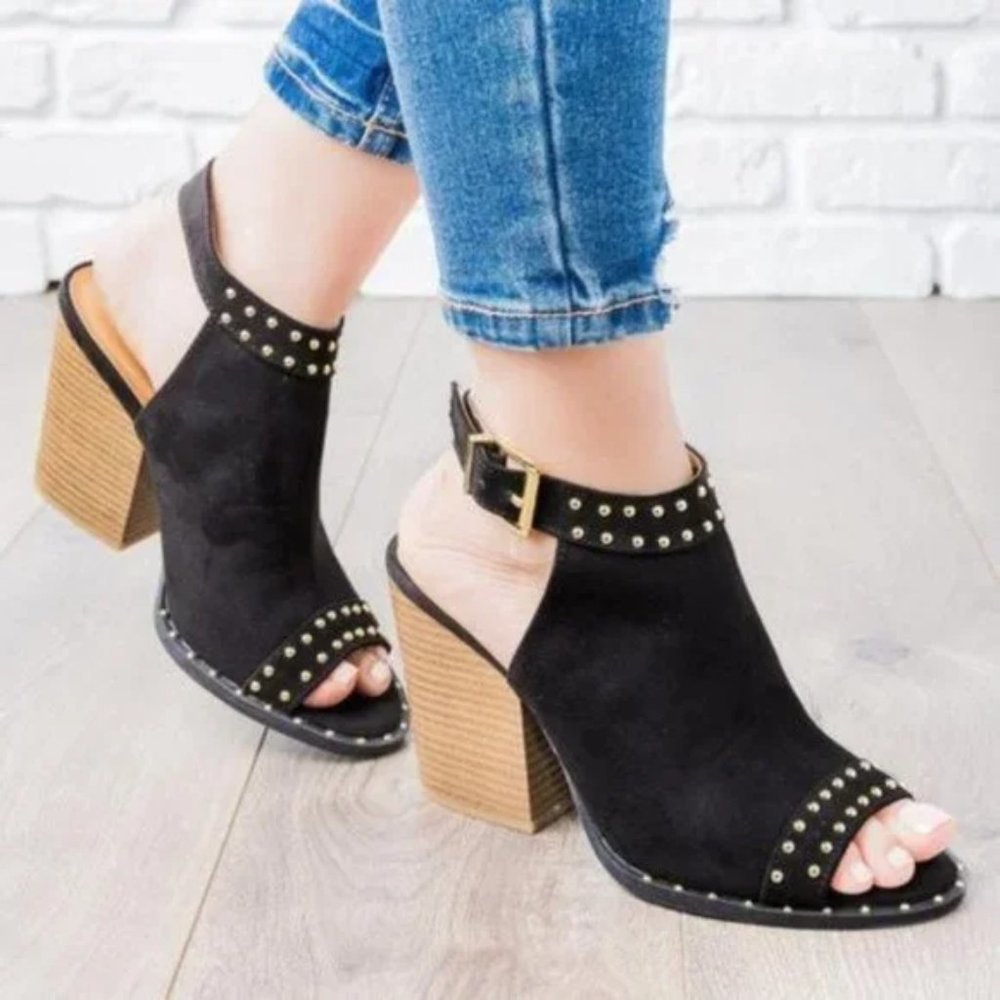 Gold Studded Black Slingback Peep Toe Block Heels - Picture 3 of 9